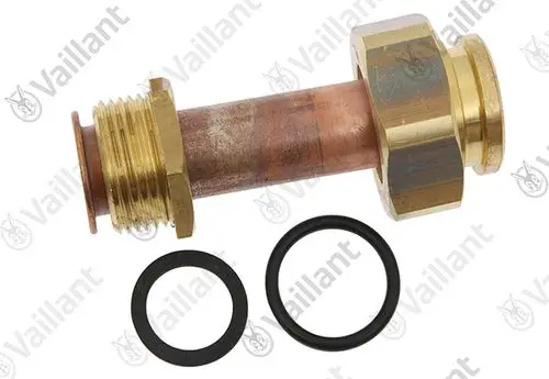 Vaillant Rohr mit Gewinde aus Kupfer und Messing, begleitet von zwei O-Ringen. Metallischer Anschluss für Rohrverbindungen.